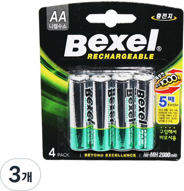 벡셀 충전용 건전지 (니켈수소 충전지), AA, 4개입, 3개