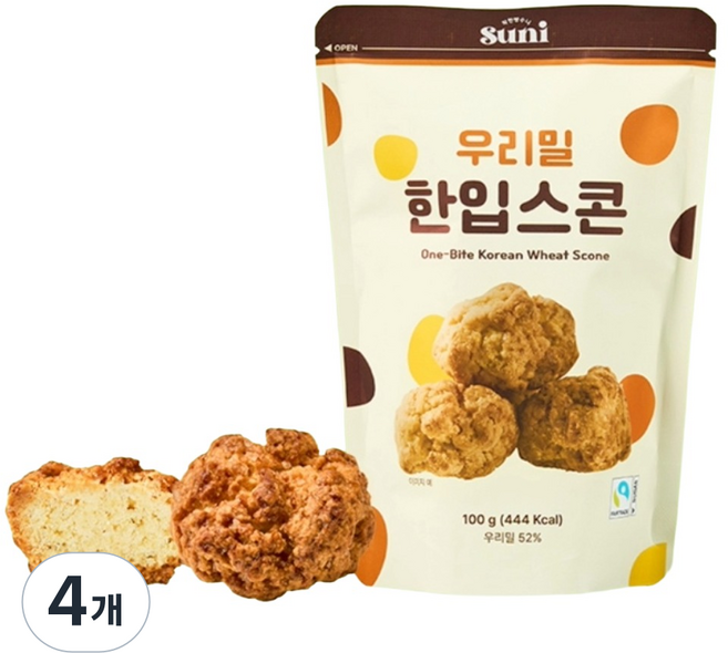 착한빵수니 우리밀 한입스콘 플레인 스콘 100% 우리밀 공정무역 건강한 한입 사무실 간식, 4개, 100g