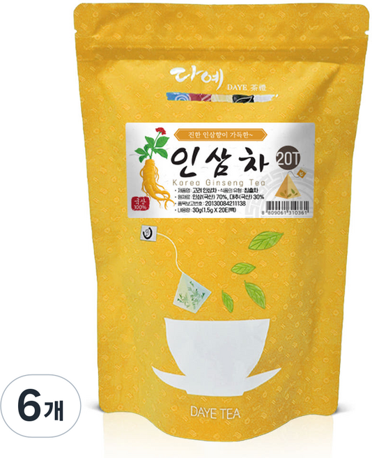 [본사직영] 다예 100% 국산 우려먹는 인삼차 삼각티백, 30g, 6개, 20개입