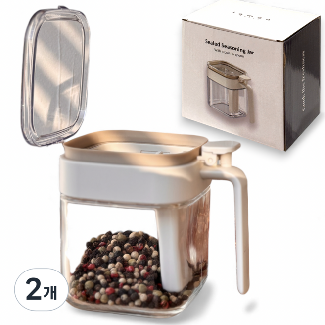 라몬 밀폐 유리 양념통 원터치 빌트인스푼 조미료통, ALL투명 낱개, 2개