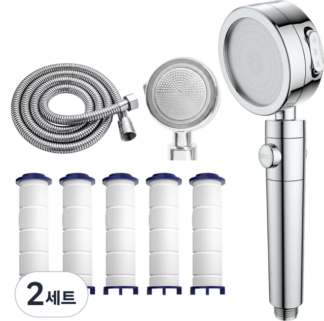 Ataasha 필터 샤워기 고압 3단조절 마사지샤워기 여행용 샤워기헤드, 실버본품+호스, 2세트