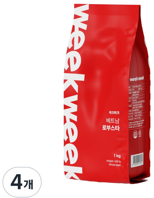 위크위크 고소한 베트남 로부스타 G1 원두 커피 홀빈, 4개, 1kg, 홀빈(분쇄안함)