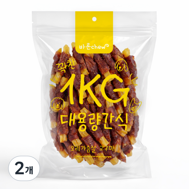 바른츄 꽉찬 대용량 강아지 간식, 2개, 1kg, 오리가슴살 고구마