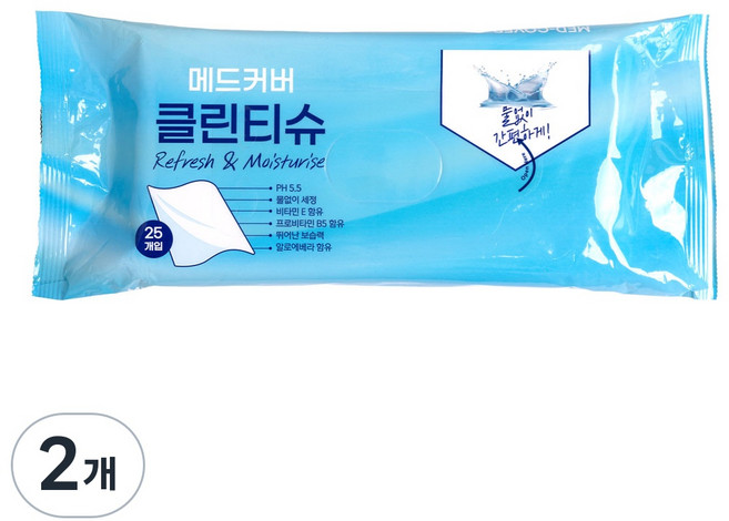 메드커버 샴푸 캡 바디 샤워티슈 물티슈 노린스 물없는 샴푸 출산 임산부 선물 입원 간병인 준비물 캠핑 야외, 클린티슈 25매, 2개