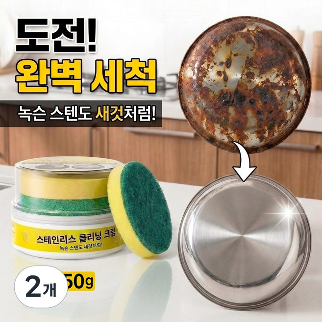nimin 주방 기름때 세정제 찌든때 제거제 스텐 얼룩제거제 스테인레스 연마제 녹제거제 후드 싱크대 탄 냄비 닦는 청소세제, 450g, 2개