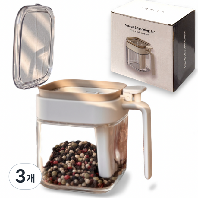 라몬 밀폐 유리 양념통 원터치 빌트인스푼 조미료통, ALL투명 낱개, 3개