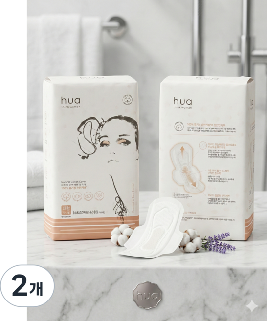 암웨이 후아 내추럴 순면커버 중형 생리대 날개형, 대형, 32개입, 2개