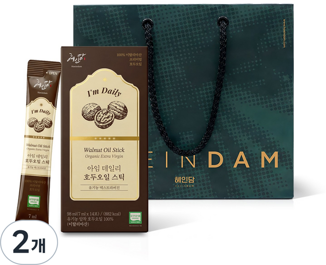 유기농 엑스트라버진 혜인담 아임 데일리 호두오일 스틱 + 쇼핑백, 2개, 98ml