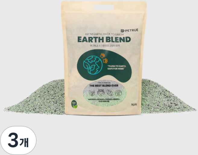 PETRUE 지구혼합물 고양이 두부 모래, 3개, 7L, 녹차향/숯향 혼합