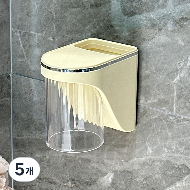 마법의 주머니 무타공 자석 흡착 양치컵 홀더, 5개, 아이보리 투명