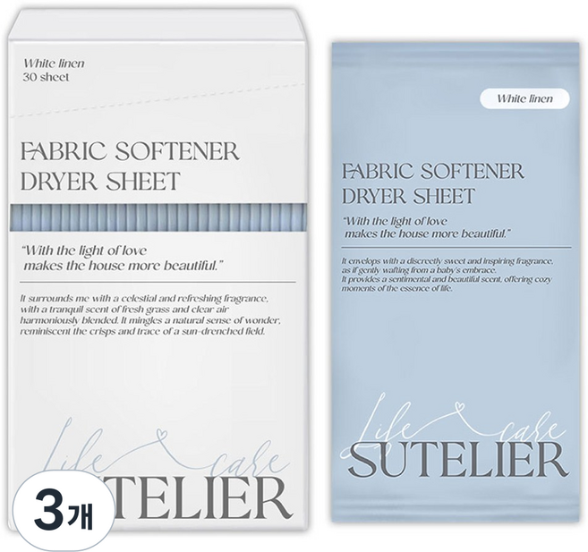 수뜰리에 에센스 건조기시트 섬유유연제 화이트린넨향 본품, 3개, 30개입