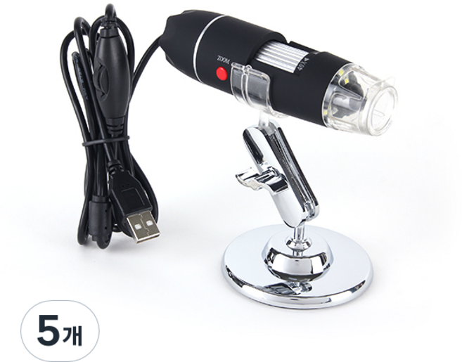 1000배율 휴대용 디지털 현미경 / LED 야간사용가능 PC 휴대폰 연결사용 현미경 확대경 돋보기 루페 관찰 과학실험 두피 피부상태 확인가능, 5개, 1000X