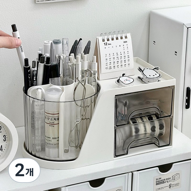 리소움 360도회전 다용도 올인원 연필꽂이, 화이트, 2개