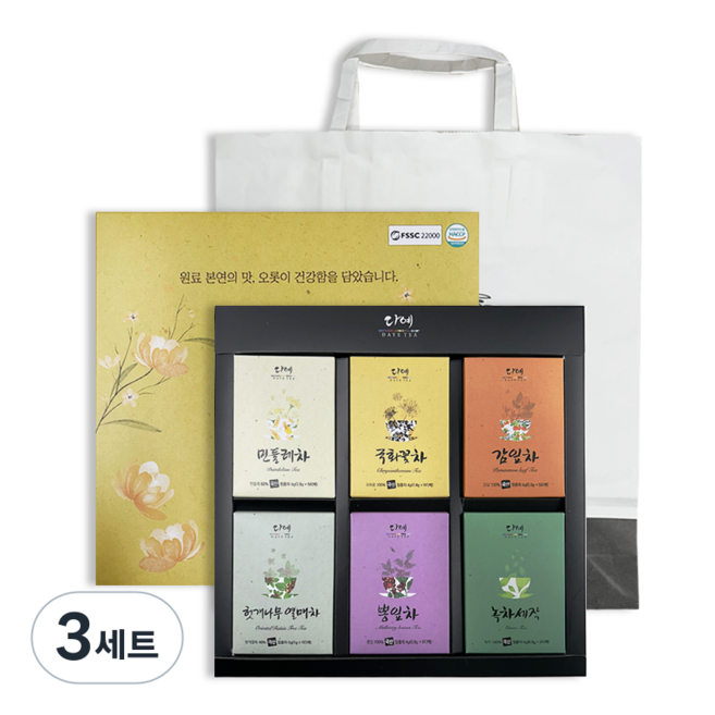 [본사직영] 다예 100%국산 꽃잎차 6종 티백 선물 세트+쇼핑백 (30티백) 국화꽃차+감잎차+헛개나무열매차+녹차세작+민들레차+뽕잎차, 3세트