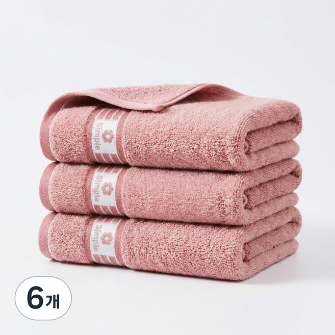 융풍 100% 코튼 수건 부드러운 도톰한 고흡수 데일리 욕실 타월, 6개, 더스티핑크