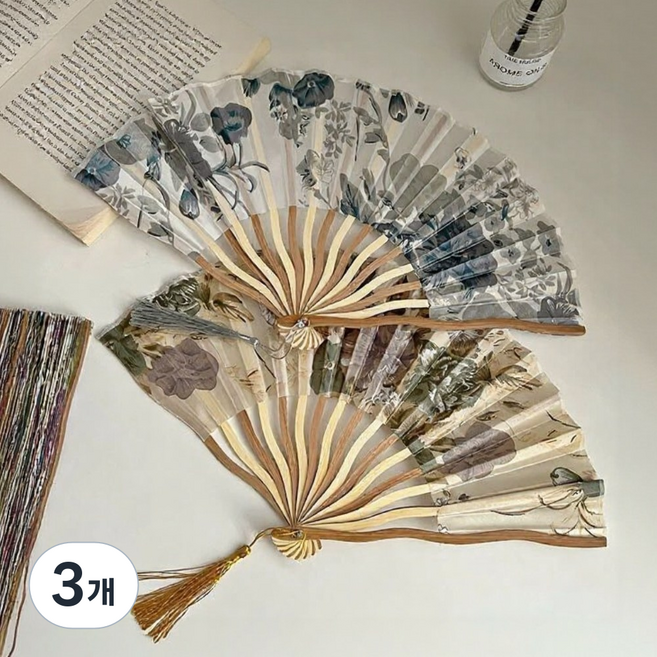 로미크 접이식 고급 부채 휴대용 전통 대나무, 3개, 스프레드 - 먹빛