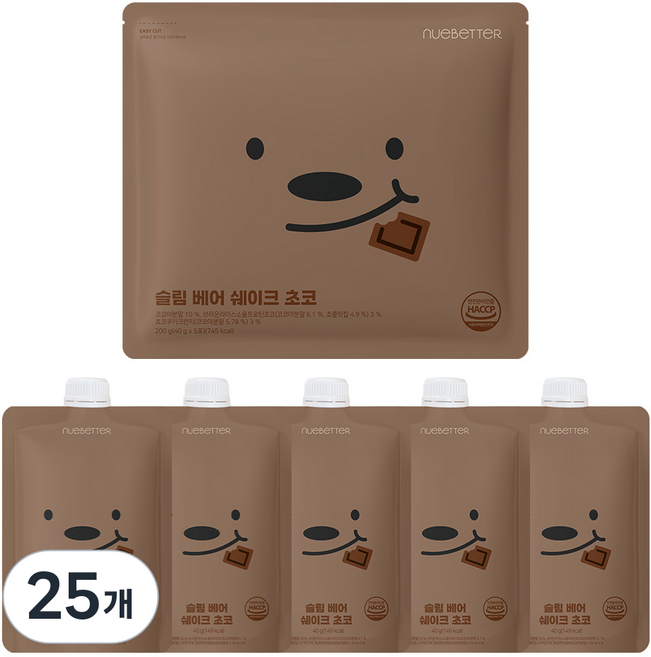 뉴베러 슬림 베어 단백질 쉐이크 파우치, 40g, 25개, 초코맛