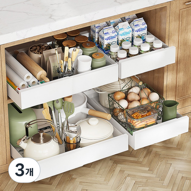 홈비 넓이조절 슬라이딩 후라이팬 랙 거치대 그릇 접시 냄비 정리대, 3개, 일반 화이트, 1단