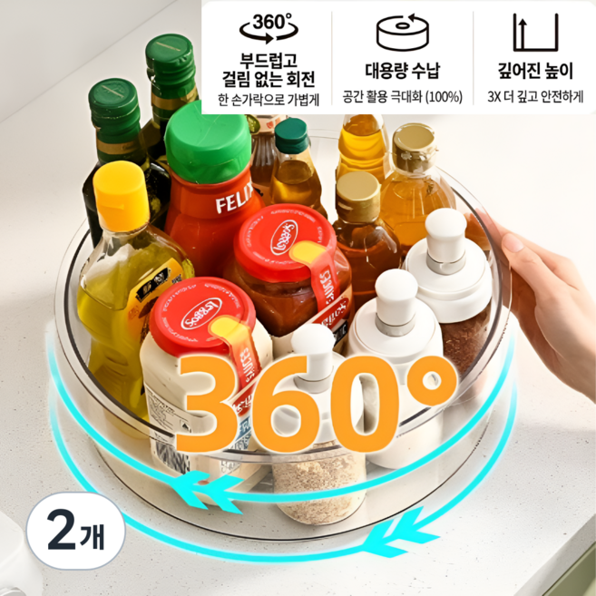 베리후 주방정리 다용도 360도 회전 수납 트레이, 2개, 투명
