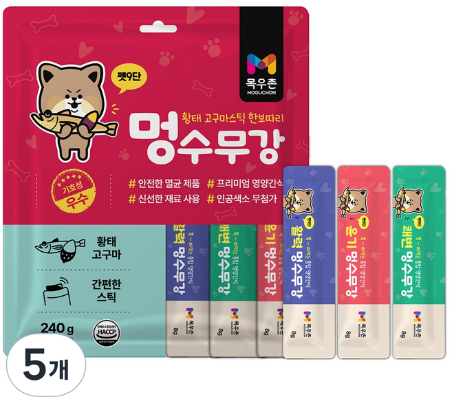 목우촌 펫9단 멍수무강 강아지 짜먹는 양갱 스틱 황태 고구마 영양 간식 유산균 10st / 피부 10st / 면역력 10st, 5개, 240g, 혼합맛(황태/고구마)