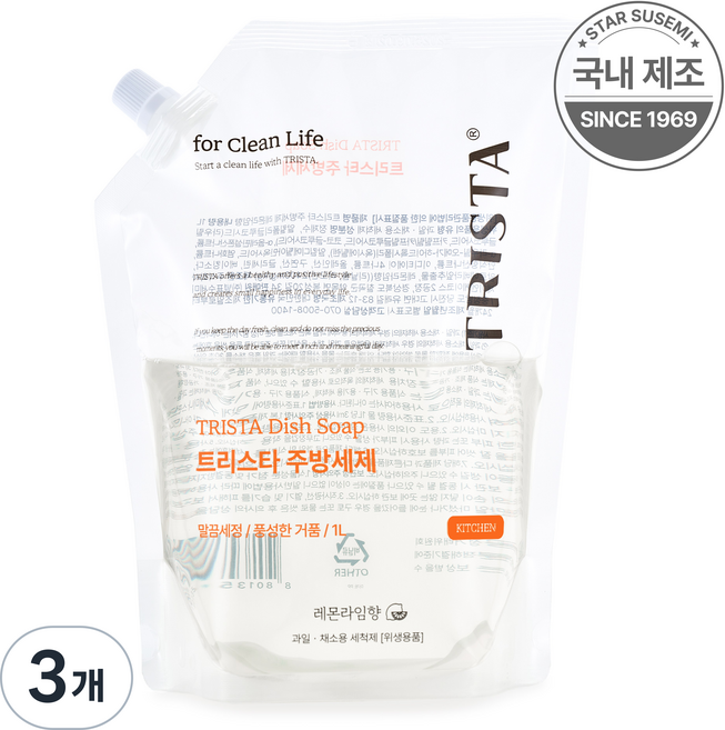 별표수세미 트리스타 프리미엄 안심 기준 올인원 주방세제 리필 레몬라임향, 3개, 1L