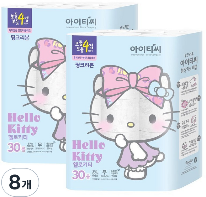 헬로키티 4겹 핑크리본 더블 데코 롤화장지, 20m, 30롤, 8개