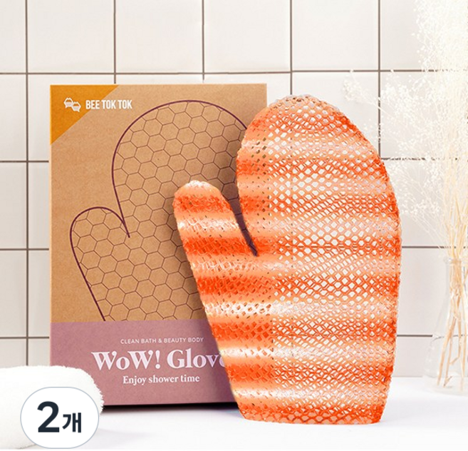 비톡톡 와우글러브 반영구 TPU 샤워타올, 2개, 오렌지