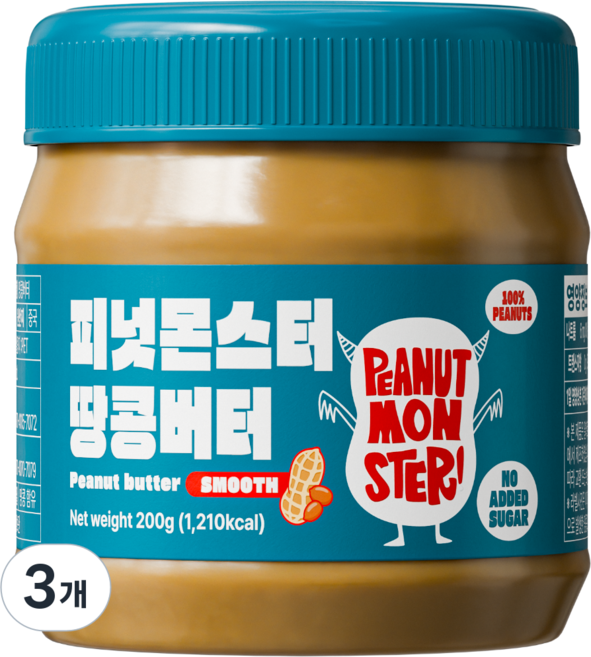 [압도적 고소함] 피넛몬스터 무첨가 무가당 100% 땅콩버터 스무스, 3개, 200g