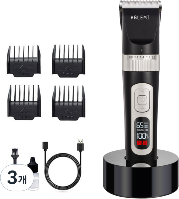 에이블미 전문가용 애견 반려동물 이발기, 3개, 블랙