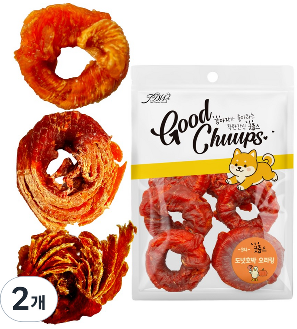 굿츕스 34 도넛링 강아지간식 프리미엄 육포 오래먹는 트위스트 개껌 천연 건조간식 강아지보양식, 2개, 180g, 호박 오리