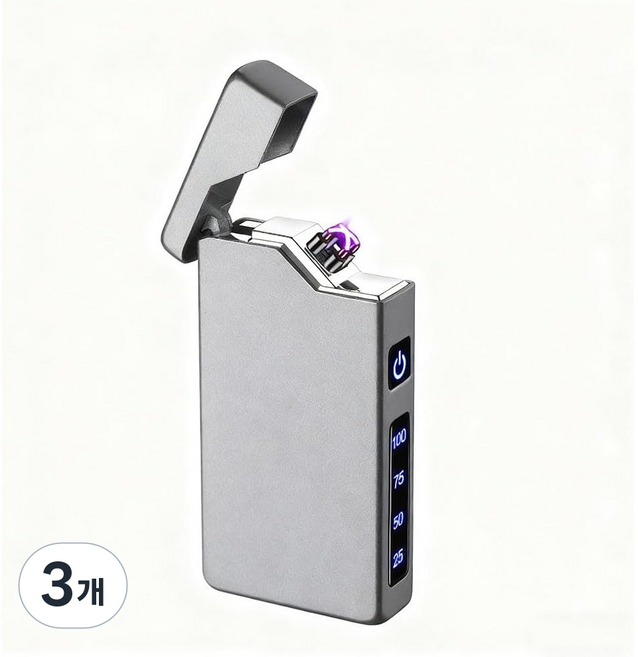 Kindfire 충전식 플라즈마 라이터 듀얼 아크 방풍 방수 C타입 LED 프리미엄 캠핑용 라이타 초경량 전력량 표시 남성 선물 추천, 실버, 3개