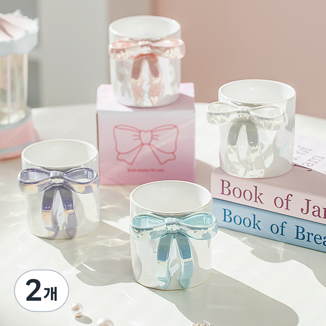 탤리마켓 리본 예쁜머그컵 홈카페 머그잔 세트, 2개, 블루(단품)