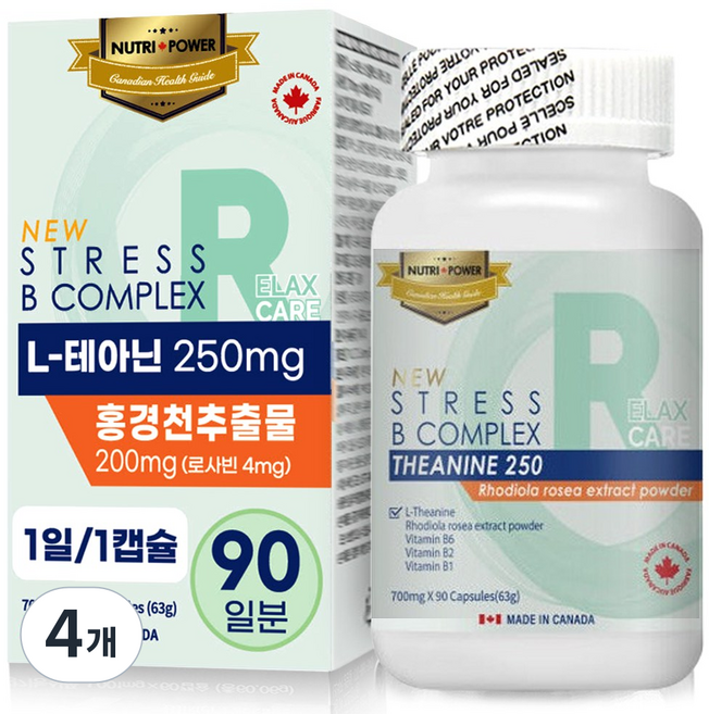 뉴트리파워 테아닌 효능 홍경천 스트레스 피로개선 긴장완화 영양제 무카페인, 90정, 4개
