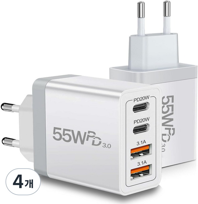 55W 접지 초고속 충전기 4포트 2TYPE-C+2USB, 4개, 화이트BK318