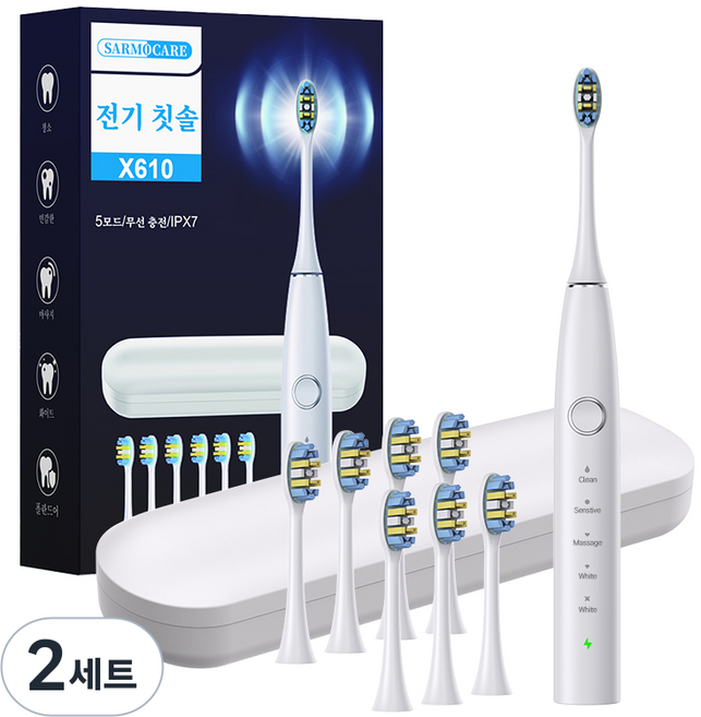 음파전동칫솔 초음파 전동칫솔 스마트 음파 전동칫솔 본체 전동칫솔 파워화이트닝 전동칫솔 전동칫솔 리필브러쉬 6개 여행가방, White, 2세트, X610