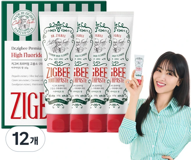 지그비 대용량 고불소 설태 제거 임상완료 구취케어 치약 여배우 Pick 아쿠아민트향, 12개, 117g - 쿠팡