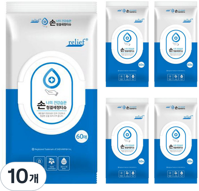릴리프 손청결 물티슈 캡형, 60매, 10개