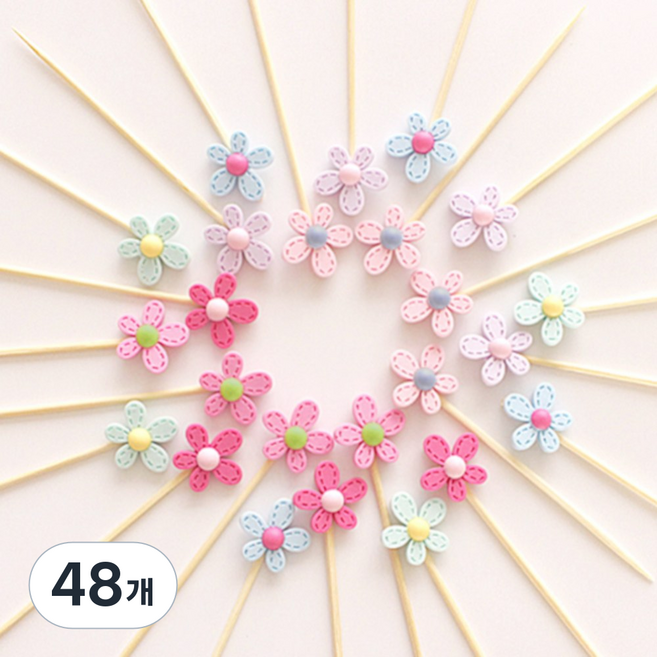 미니플라워 파스텔 데코 파티픽 케이크토퍼, 48개