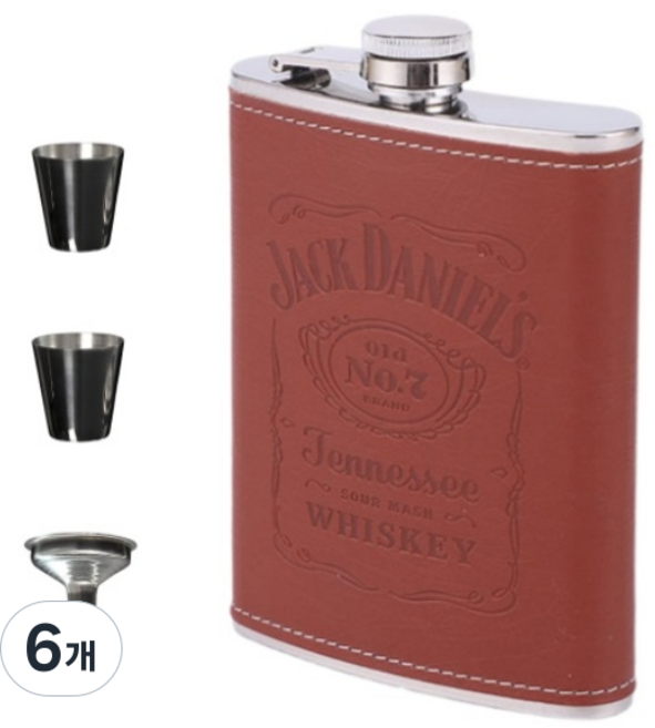 씨엔와우 힙플라스크 휴대용 포켓 술병 위스키 소주 보틀 스테인레스 8oz ( 230ml ), 6개, 가죽 갈색