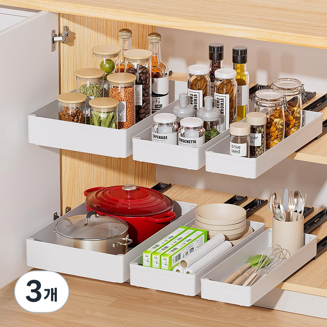 코날 무타공 주방 싱크대 슬라이딩 선반 수납, 화이트, 3개