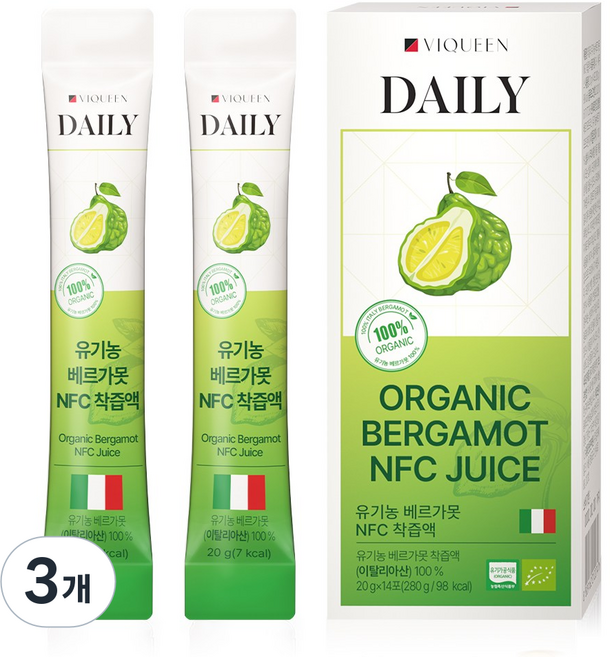 바이퀸 100% 유기농 베르가못 샷 액상 즙 스틱 NFC 착즙액 폴리페놀, 3개, 280g