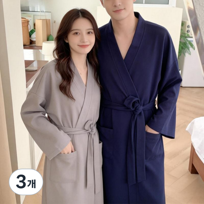 좋은 하루 속건 와플샤워가운 홈웨어로 남녀공용, 3개, 여성용 네이비
