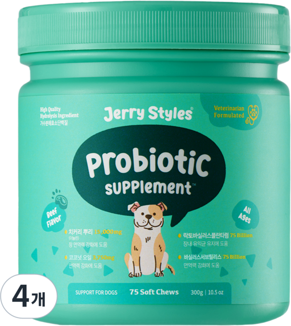 제리스타일스 동물병원 강아지 군침영양제 반려견 간식형영양제 대용량 / 75chews, 75정, 장건강/유산균, 4개