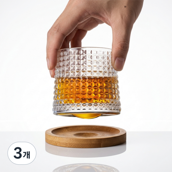 닉스리빙 회전형 스핀 글라스 롤링 언더락 위스키잔 + 받침대 세트, 3개