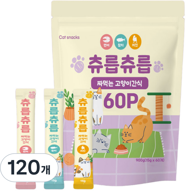 츄릅츄릅 짜먹는 고양이간식 60스틱 혼합팩 헤어볼케어 2개, 연어+치킨+참치, 15g, 120개