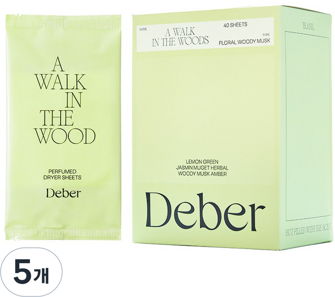디베르 퍼퓸 건조기 시트 우디 본품, 5개, 40매