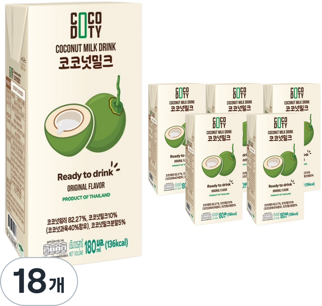 코코듀티 태국 코코넛밀크 음료, 18개, 180ml