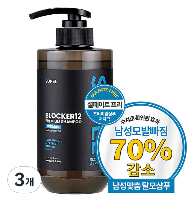 남자 탈모샴푸 쏘펠 블로커 1 2 남성맞춤 탈모 샴푸 바이오틴 탈모샴푸 카페인 맥주효모샴푸, 3개, 500ml