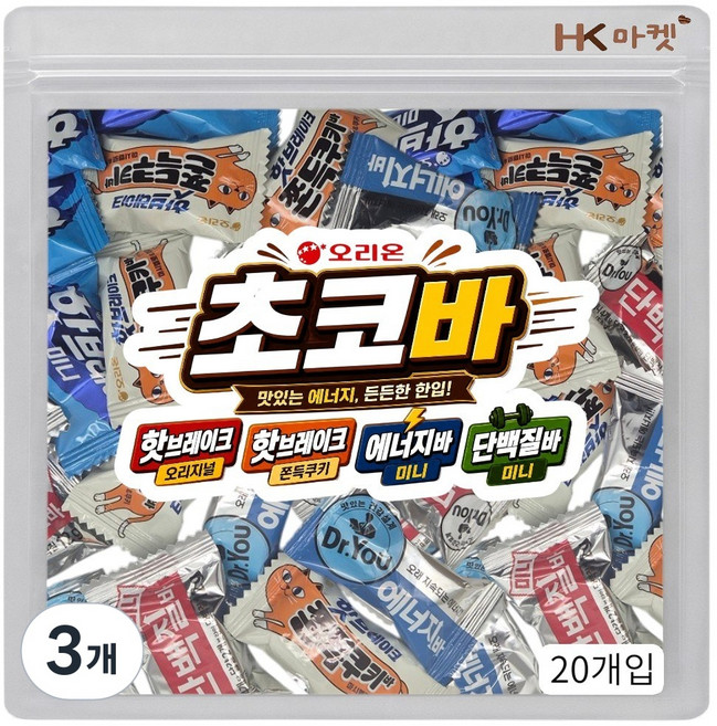 에이치케이마켓 오리온 미니 초코바 4종 혼합 20개입 (오리지날 쫀득쿠키 에너지바 단백질바), 260g, 3개