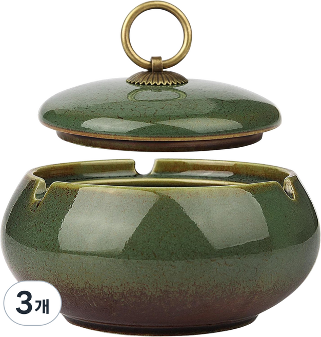 LYRHIX 빈티지우아한구리원형핸들도자기재떨이 예술적인재떨이 클래식하고우아한재떨이 업소용재떨이 가정용재떨이 뚜껑있는재털이 재떨이 아빠를위한선물친구를위한선물 크리스마스 선물, 요변 녹색, 3개